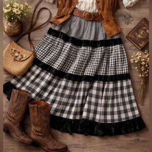 Vintage Broom Skirt Gingham Prarie Western Cottagecore Tiered Black & White Midi